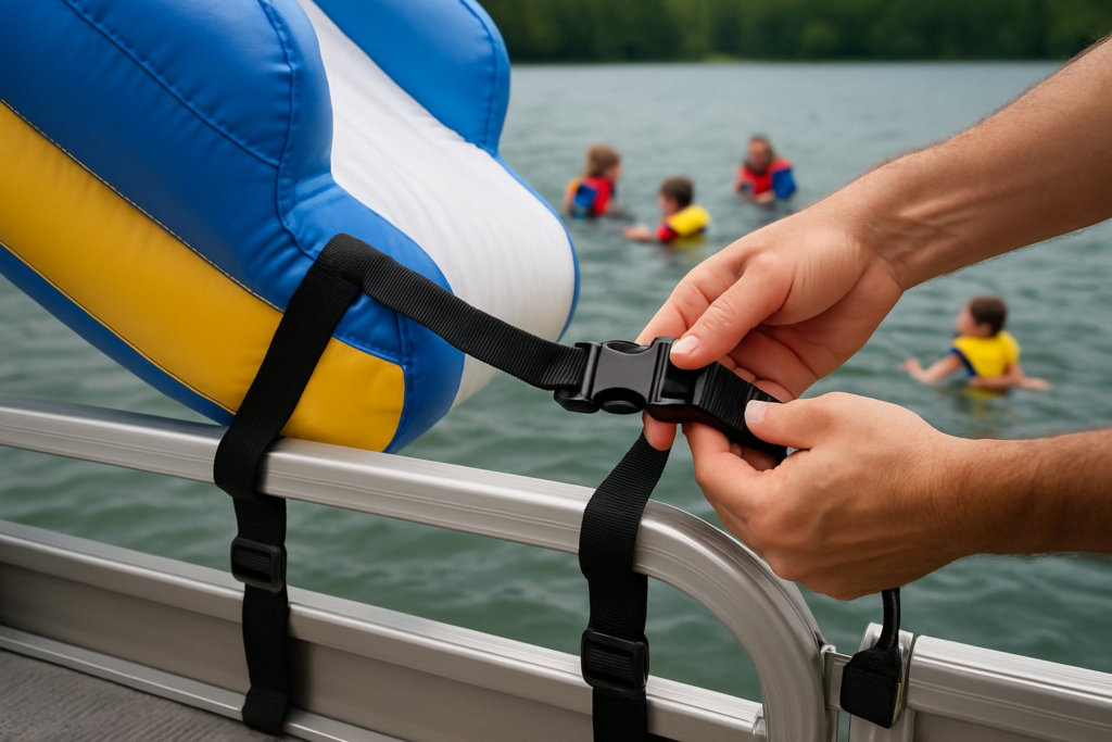 Close view of straps fastening an inflatable slide to a pontoon rail