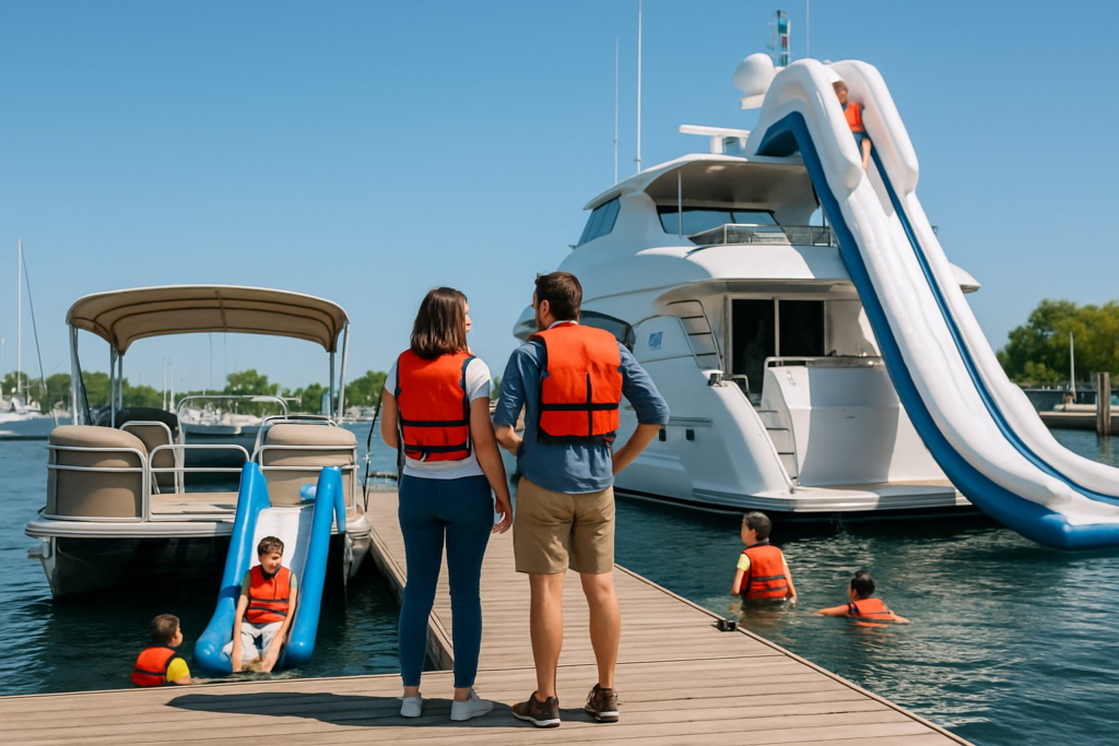 A couple at a marina comparing a small pontoon slide and a large yacht slide