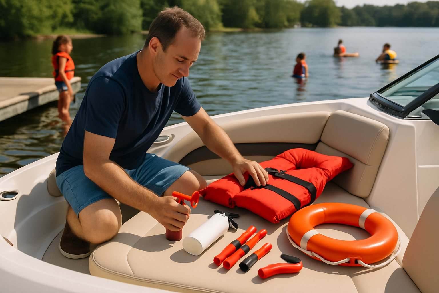 A boat owner checking the required safety equipment before leaving the dock