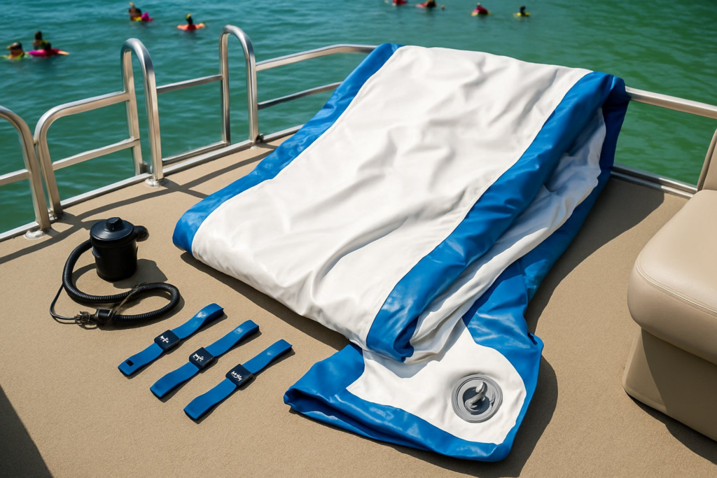 An inflatable boat slide, pump, straps and valve laid out on a boat deck