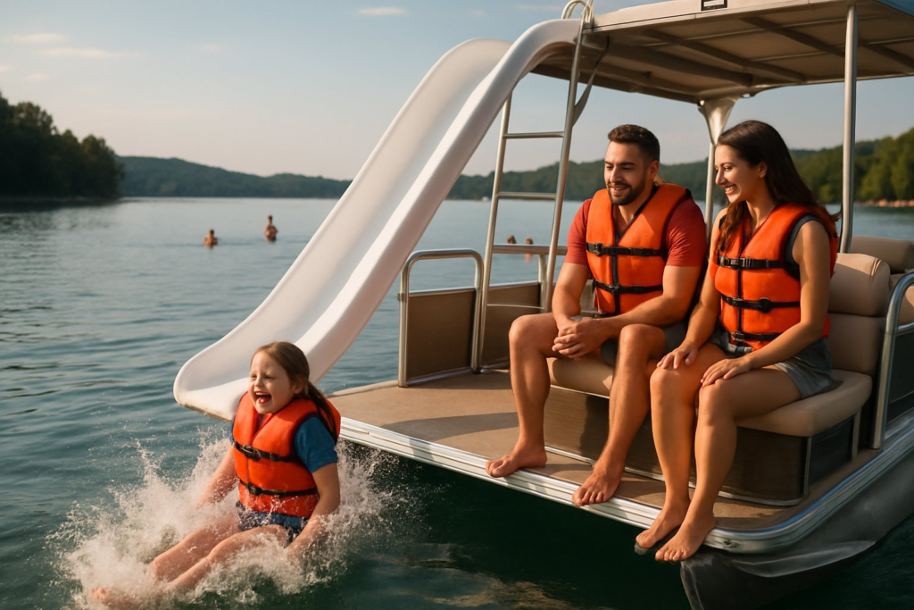 Adults waiting their turn on a pontoon deck while one rider splashes down