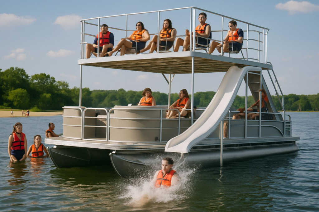 A double decker pontoon boat with an upper deck slide anchored at a lake sandbar