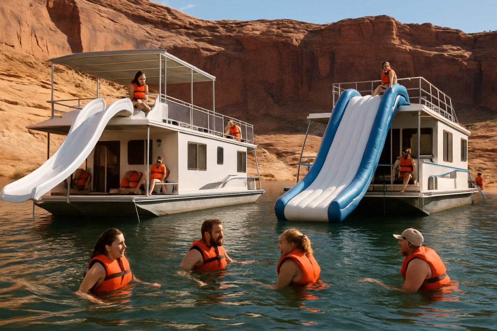 Fibreglass houseboat slide beside an inflatable houseboat slide