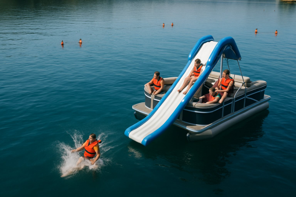 Aerial view of a pontoon slide over deep clear water