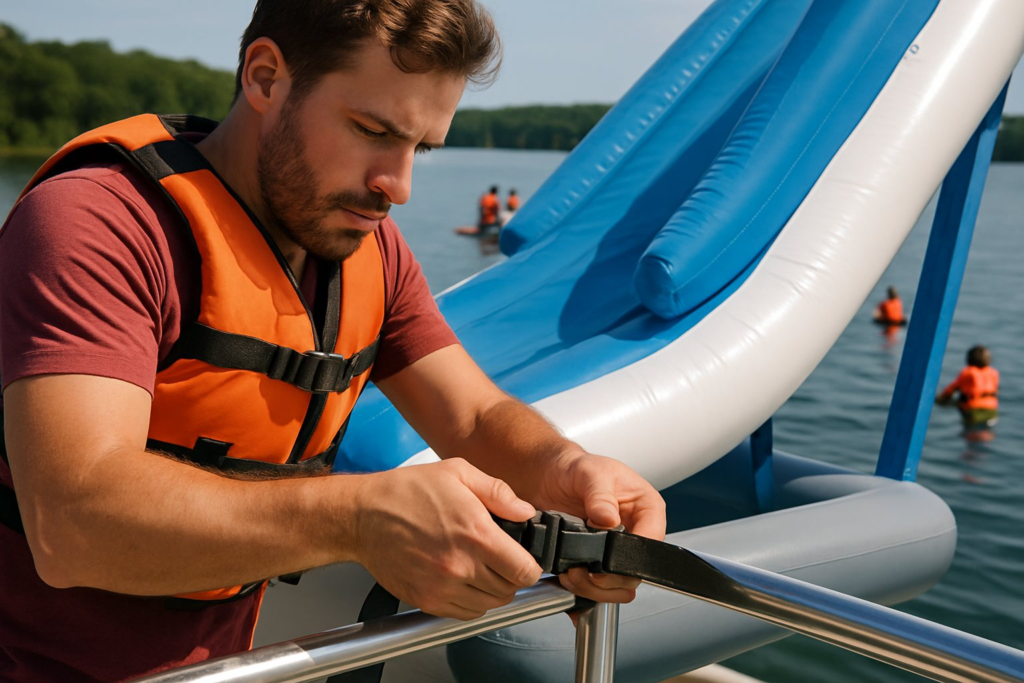 Man securing a slide's tie-down straps to a pontoon rail