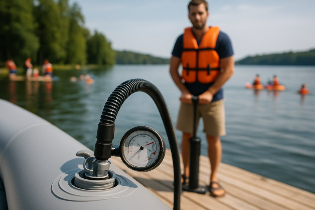 Close-up of a boat slide's valve with a pump hose attached