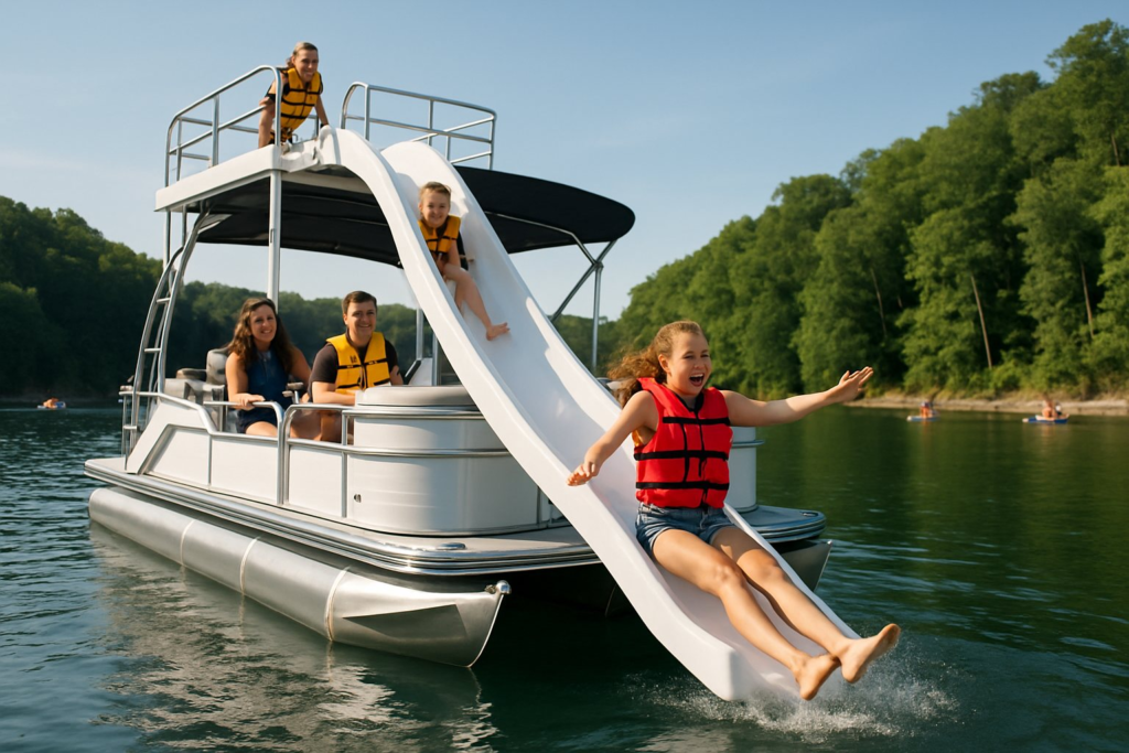 A tritoon pontoon boat with a factory fiberglass slide from its upper sun deck at anchor
