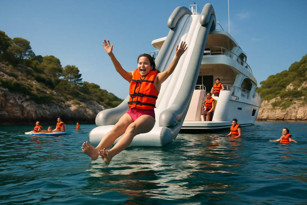 Water-level view of a guest sliding down an inflatable yacht slide