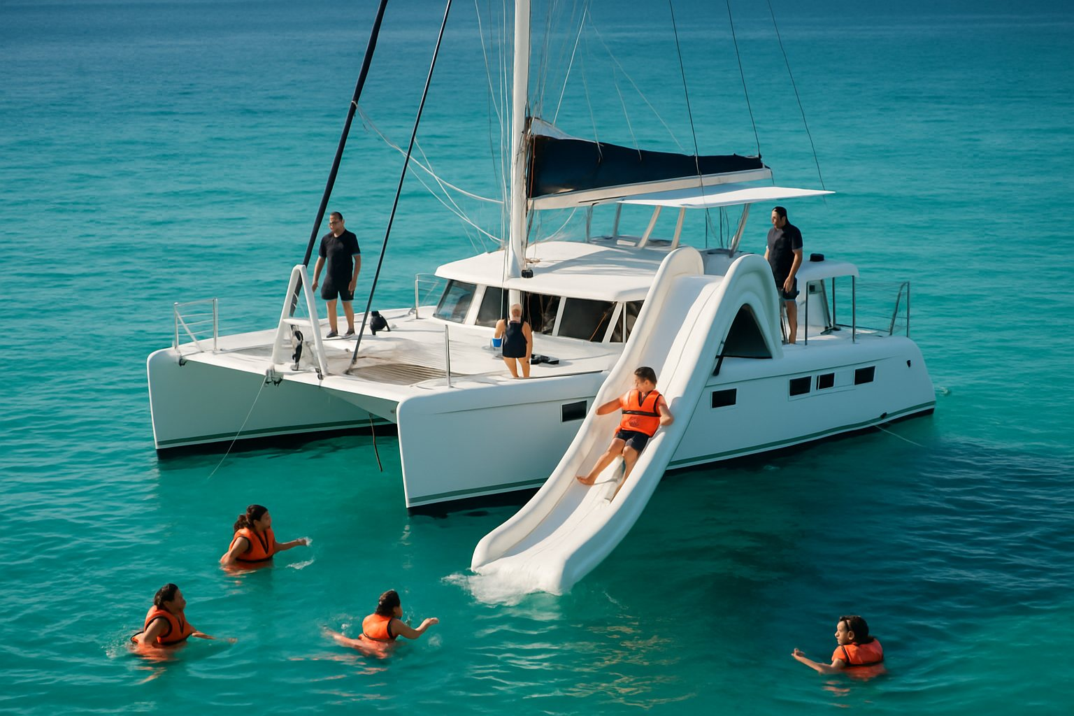 A tour catamaran with a slide into the sea, guests swimming