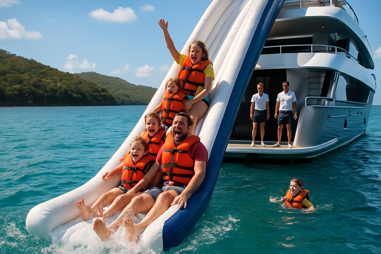 Charter guests enjoying a waterslide off a charter yacht