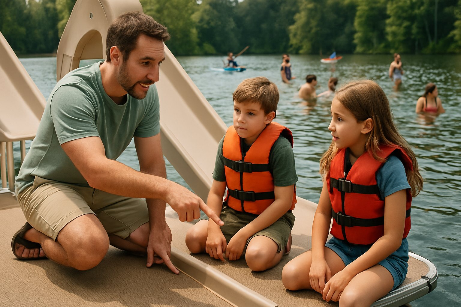 A father explaining slide rules to his kids before they use it