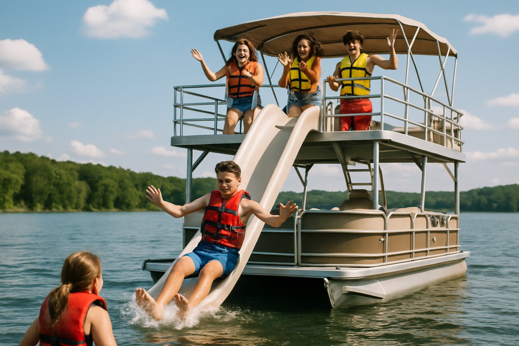 A double-decker pontoon boat with a slide from the upper deck into the lake