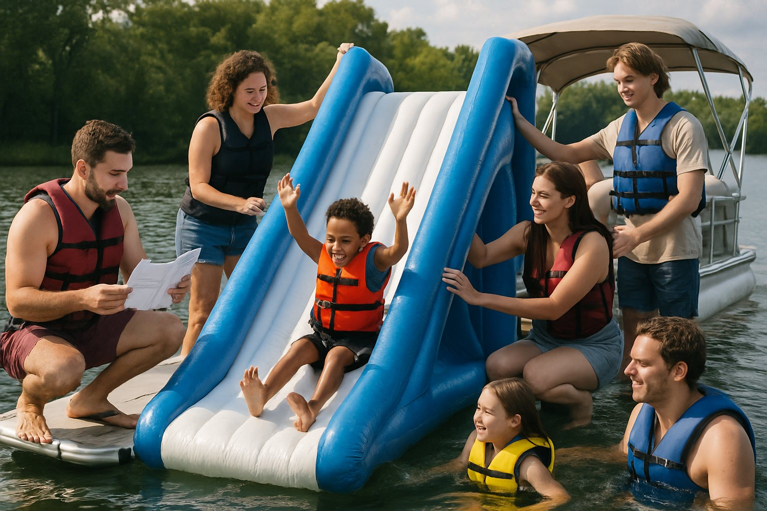 Friends on a pontoon trying out a new slide for the first time