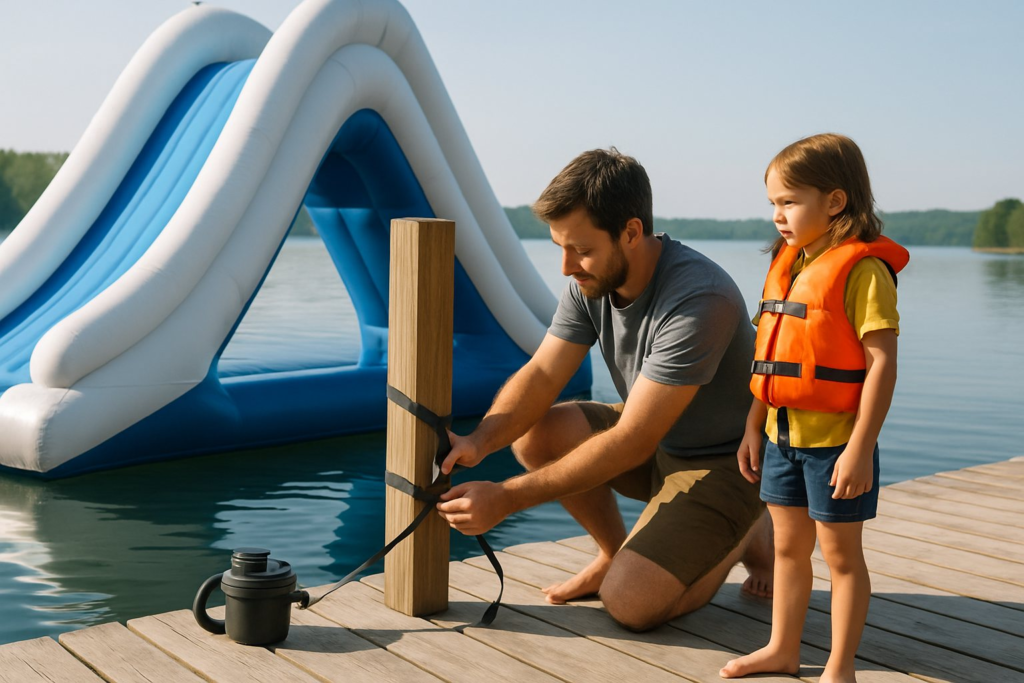 A parent strapping an inflatable slide to a wooden lake dock while a child waits