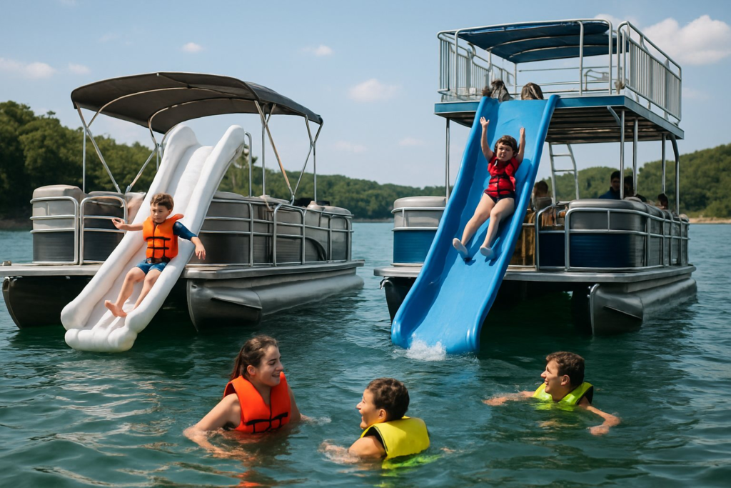 Two boats side by side at anchor, one with an inflatable slide and one with a built-in fiberglass slide from the upper deck