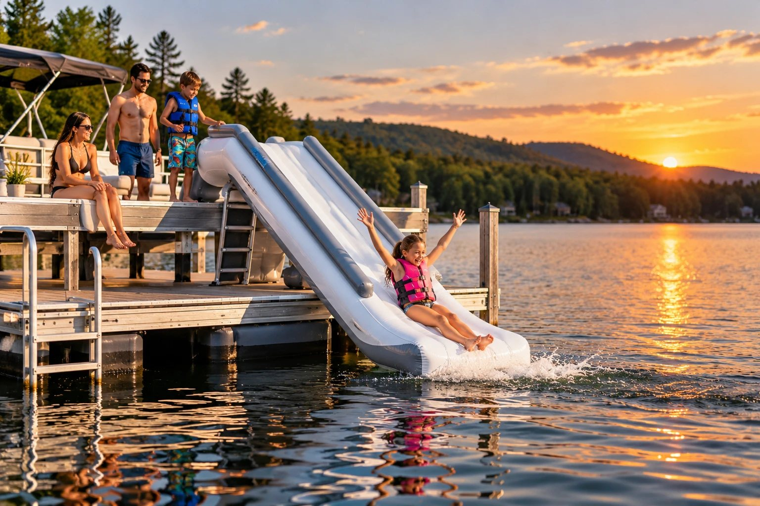 A girl in a life jacket on an inflatable slide from a lake dock at sunset while her family watches from the pontoon