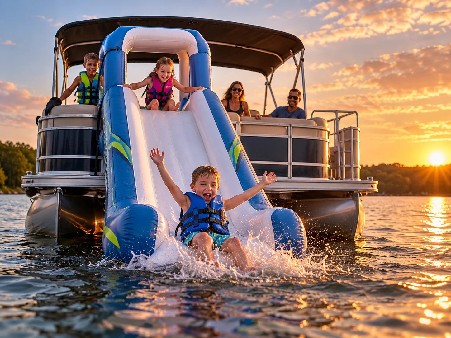 A boy splashes into the lake from a pontoon boat slide at sunset while his sisters wait their turn