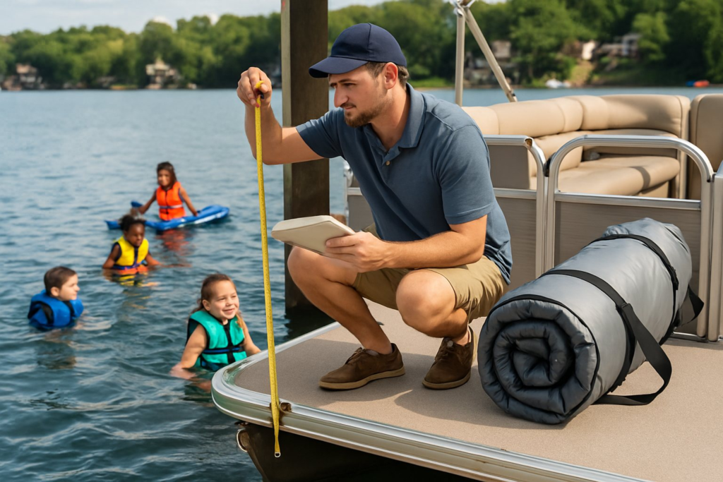 A boat owner measuring the rail height of a pontoon with a tape measure before buying a slide
