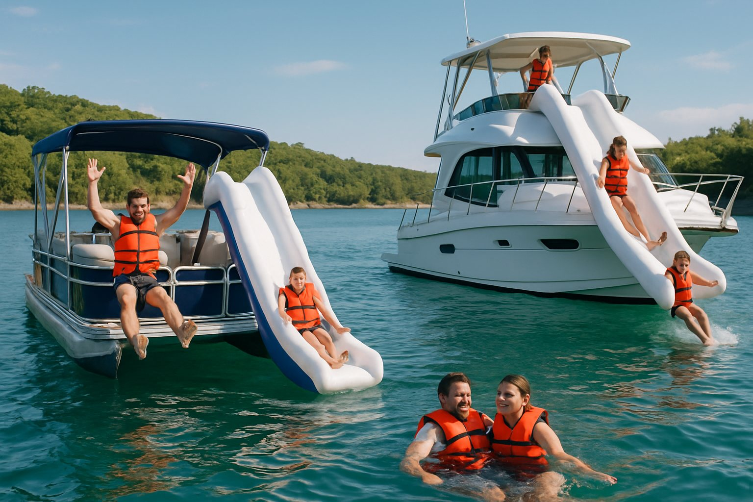 A pontoon and a yacht with slides anchored near each other