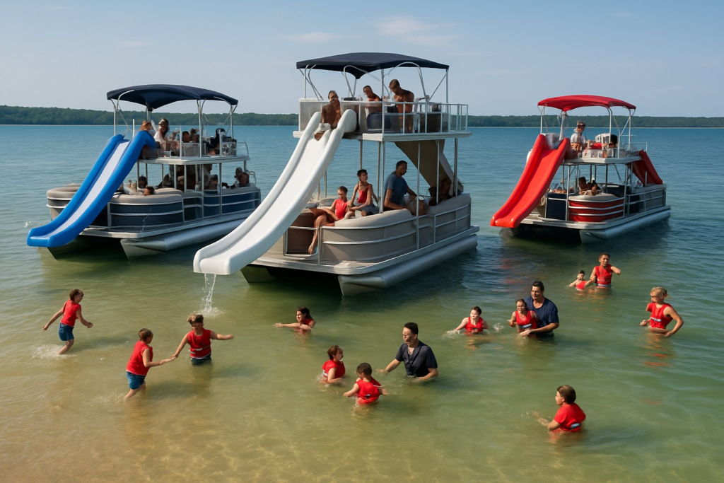 Several pontoon boats with slides anchored at a lake sandbar, families swimming