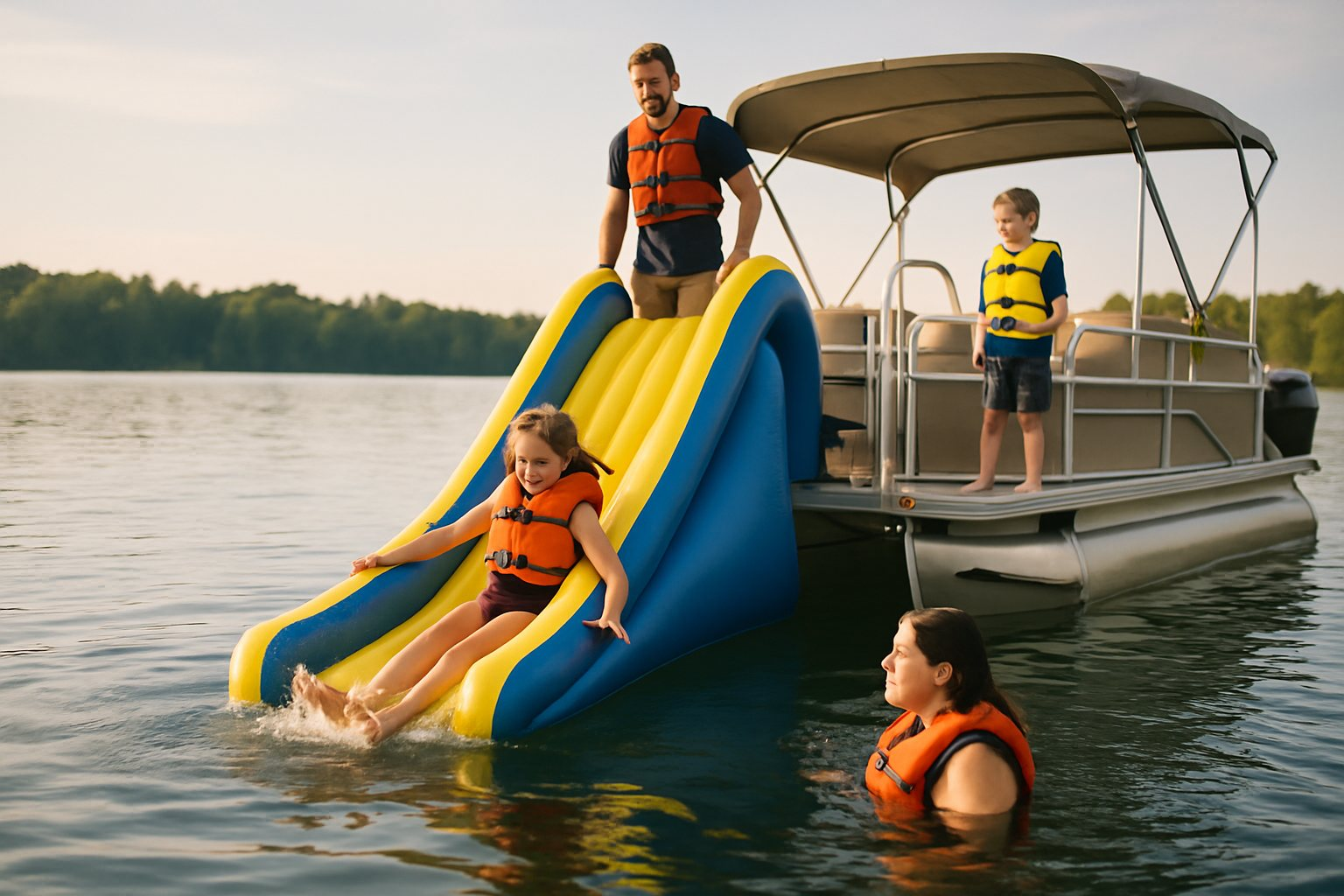 A parent standing on the pontoon deck as spotter while kids in life jackets take turns on the slide