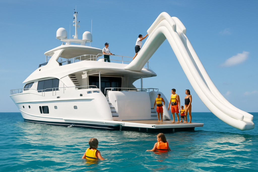 Crew on a large yacht deploying a big inflatable slide from the upper deck while guests wait on the swim platform