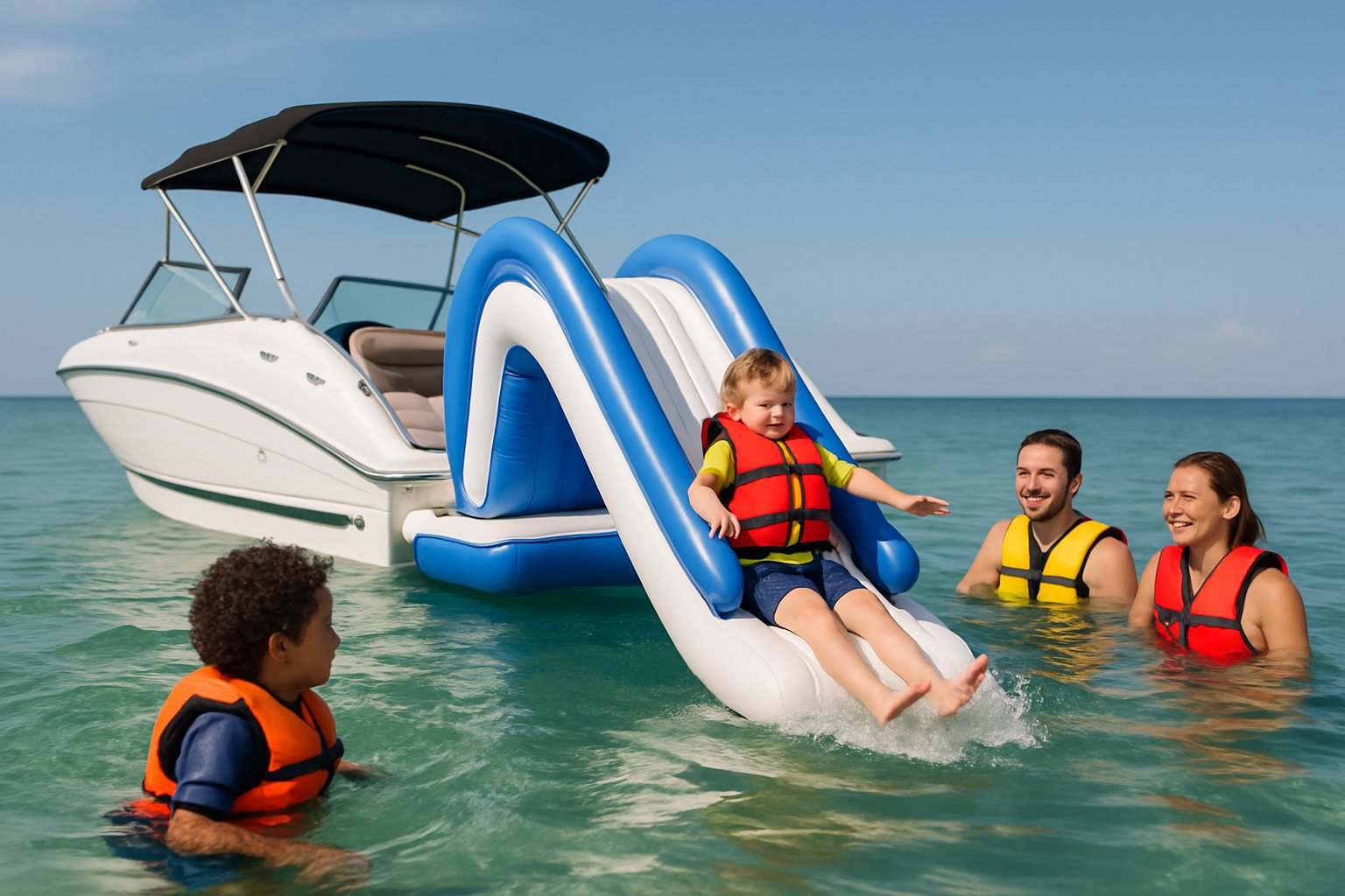A small inflatable slide fitted to a bowrider's swim platform