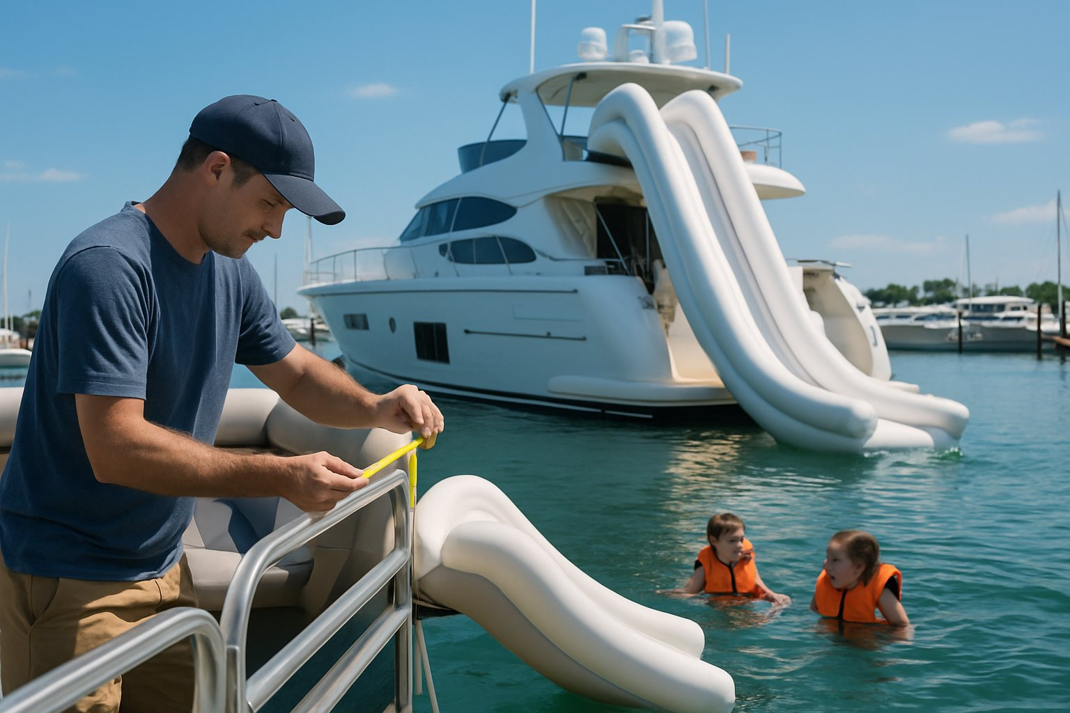A boat owner measuring his pontoon rail beside a short pontoon slide, with a tall yacht slide on the yacht behind him