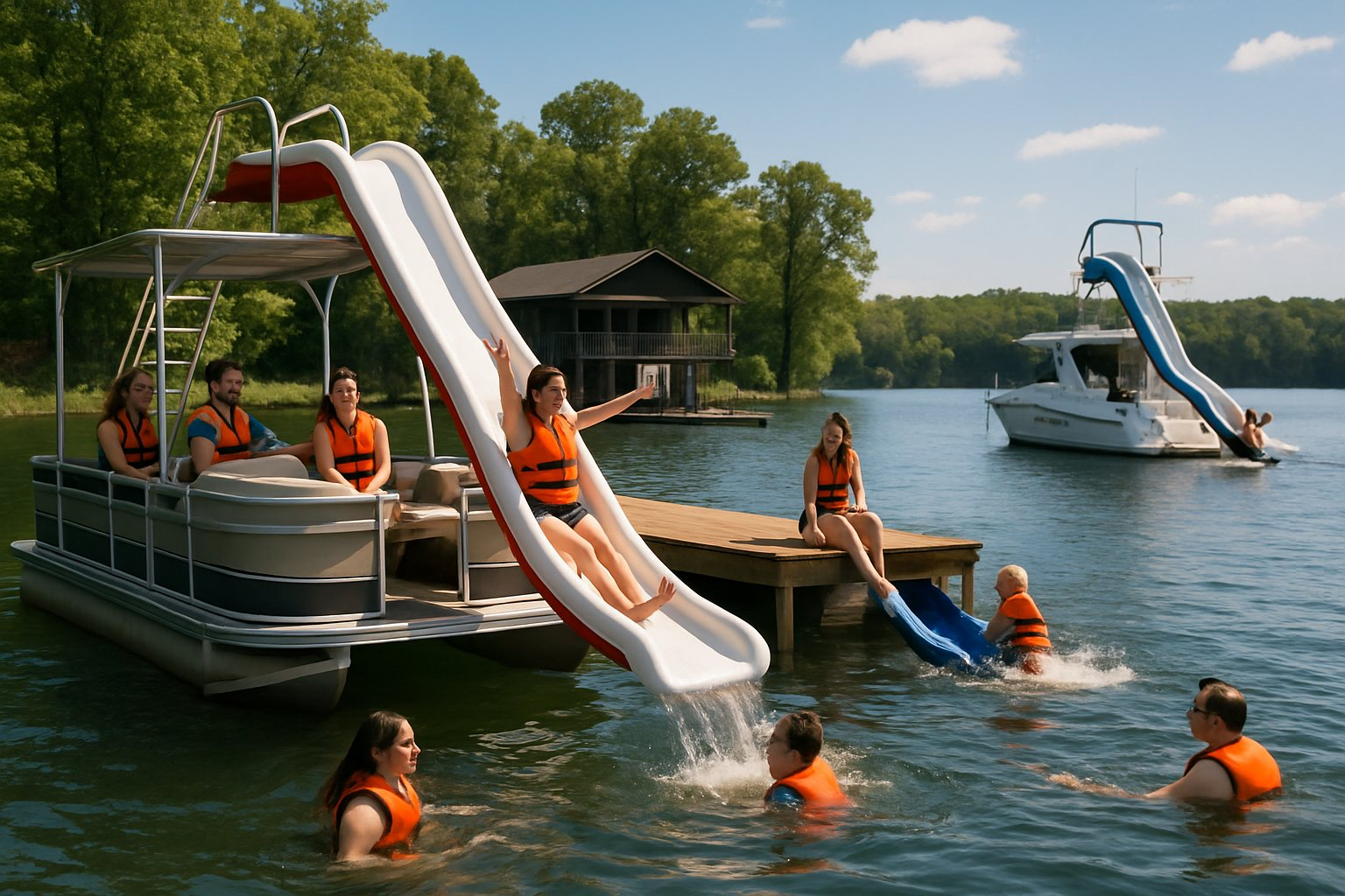 A lake scene with a pontoon slide, a dock slide and a yacht slide in use
