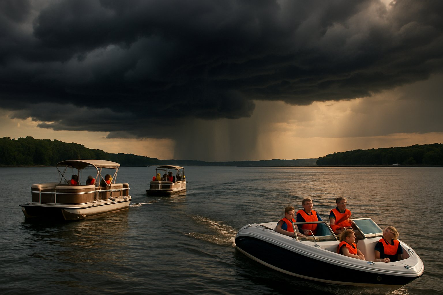 Boats heading back to the marina as dark storm clouds build over the lake