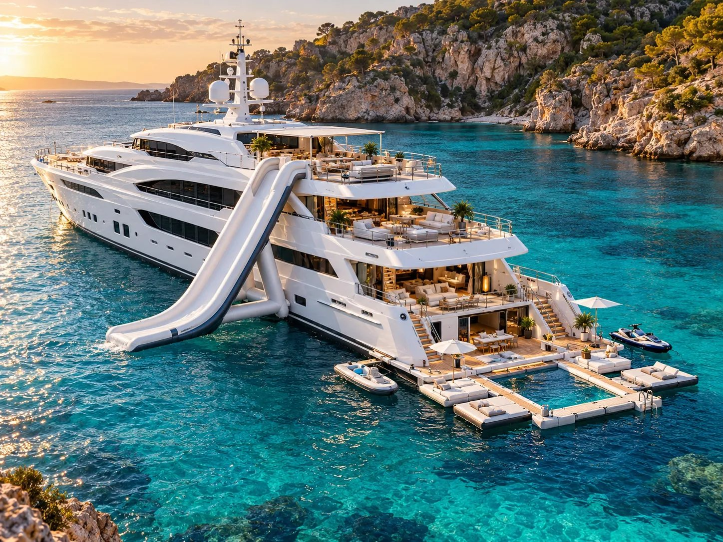 A superyacht in a rocky cove at sunset with an inflatable slide from the top deck and a floating sea pool at the stern