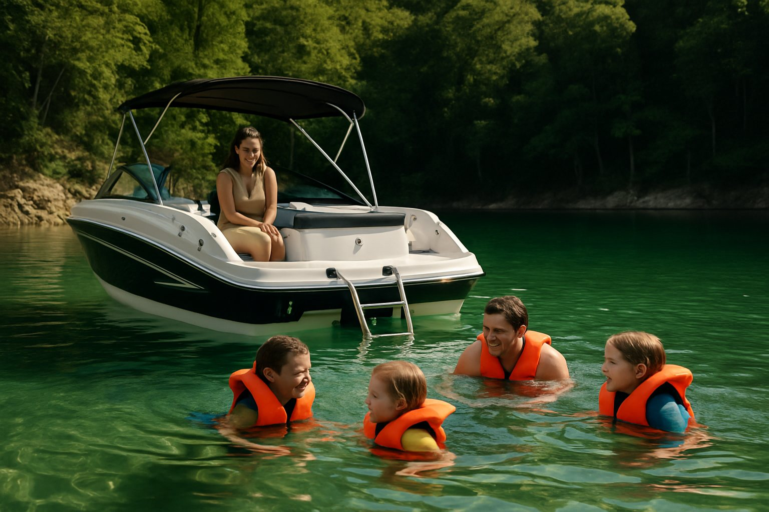 Swimmers in life jackets around an anchored boat with its swim ladder down