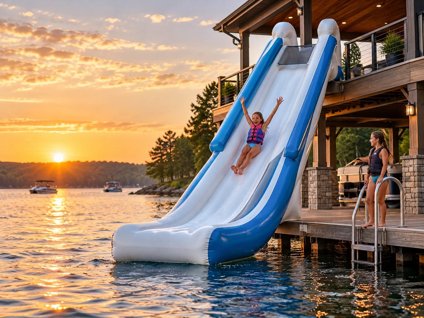A girl in a life jacket on a tall inflatable slide from a boathouse deck into the lake at sunset
