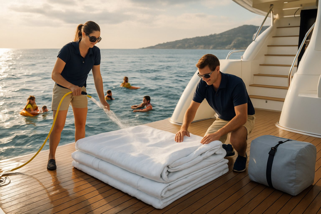 Yacht crew rinsing an inflatable slide with fresh water and folding it for storage