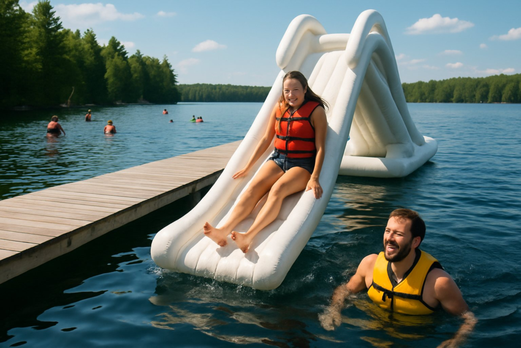 A young couple at a lake dock slide, one sliding while the other waits in the water