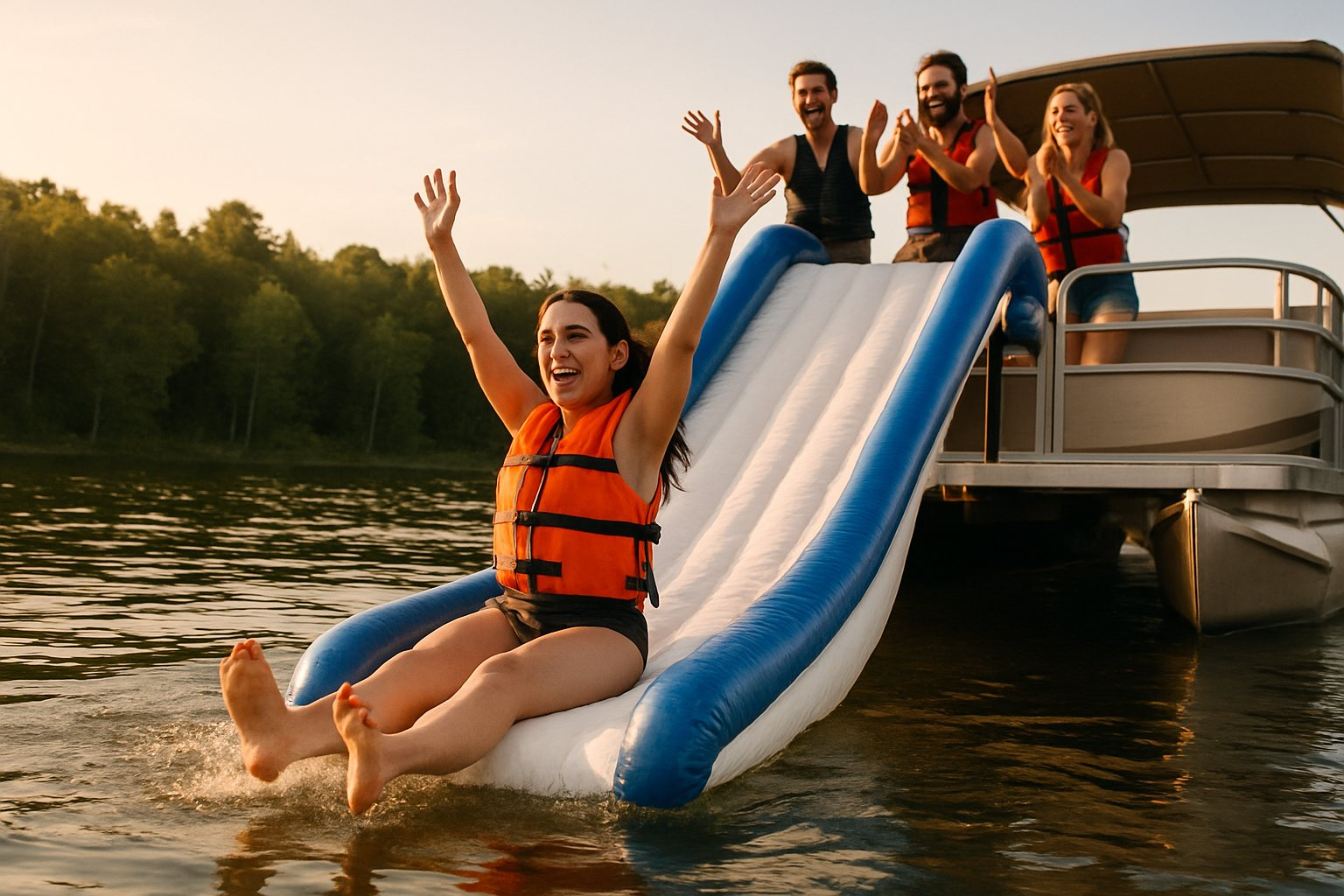 A young woman in a life jacket going down an inflatable pontoon slide while friends cheer from the boat